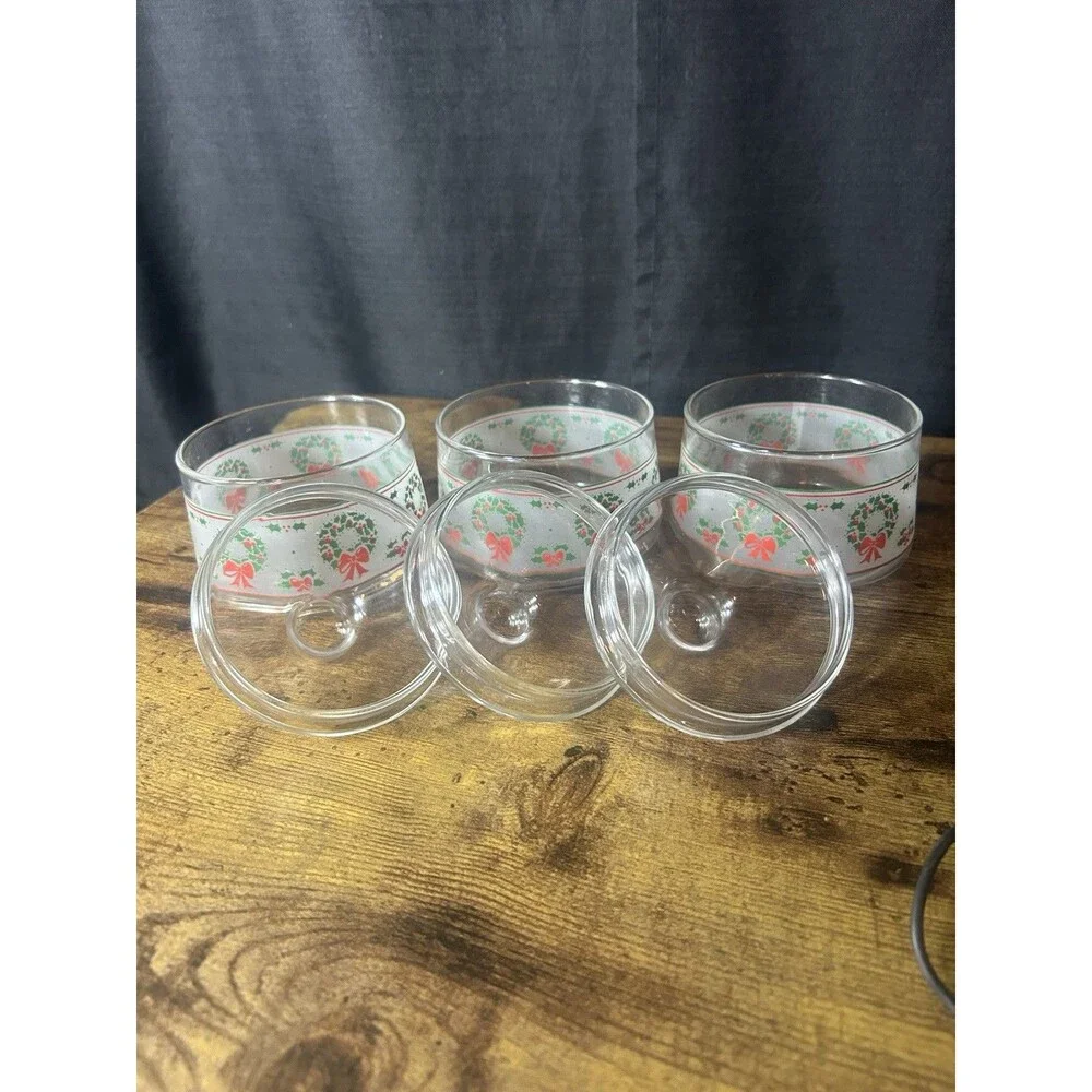 3 Indiana Glass Christmas Gift Jar Candy Nut Clear Glass Lid Wreath Holly Berry